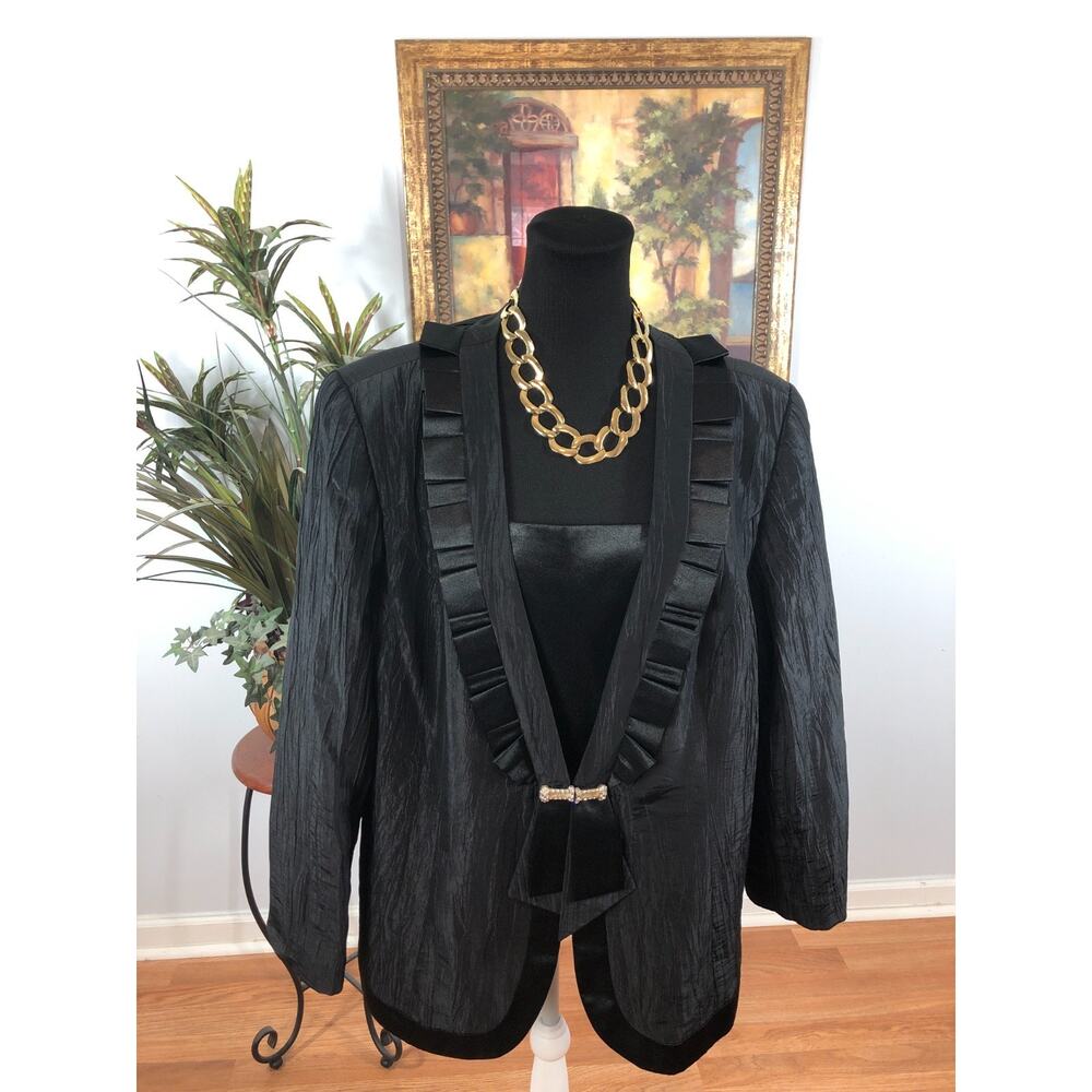 Corinthians Blazer Jacket Women's 20W Black Silky Pleated Ruffle Cocktail Preppy